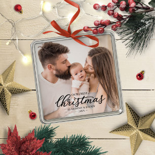 Onze eerste kerst als mama en papa babyfoto metalen ornament