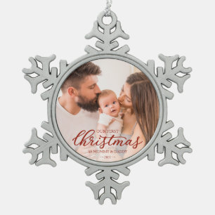 Onze eerste kerst als mama en papa babyfoto tin sneeuwvlok ornament