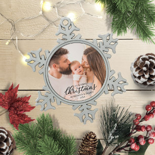 Onze eerste kerst als mama en papa babyfoto tin sneeuwvlok ornament