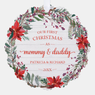 Onze eerste kerst als mama en papa roestige krans ornament kaart