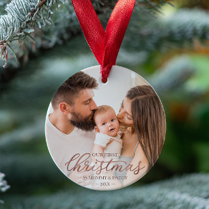 Onze eerste kerst als mama en papa Rose Goud Folie Ornament