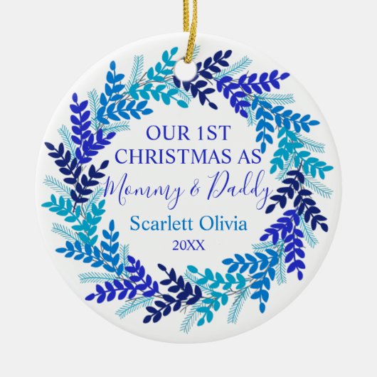 Onze eerste kerst als mama papa Blue Wreate Keramisch Ornament (Voorkant)