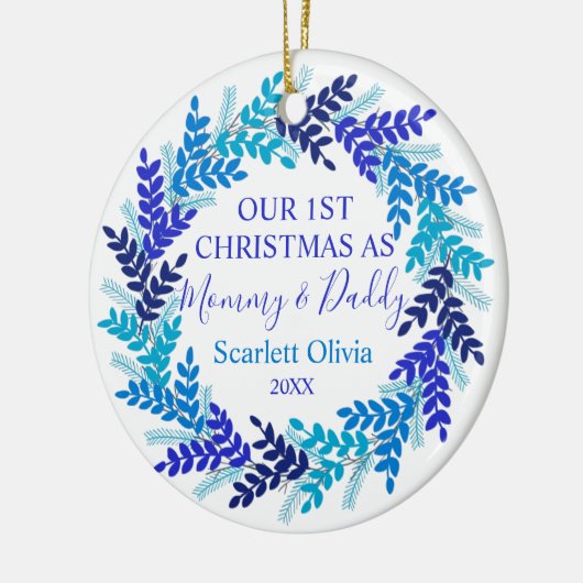 Onze eerste kerst als mama papa Blue Wreate Keramisch Ornament (Links)