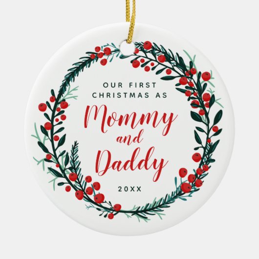 Onze eerste kerst als mammie- en papa-kerstmis keramisch ornament (Voorkant)