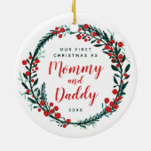 Onze eerste kerst als mammie- en papa-kerstmis keramisch ornament (Achterkant)