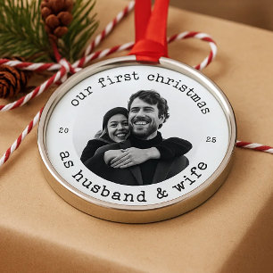 Onze eerste kerst als man en vrouw – typemachine metalen ornament