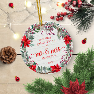 Onze eerste kerst als meneer en mevrouw 2020 roest keramisch ornament