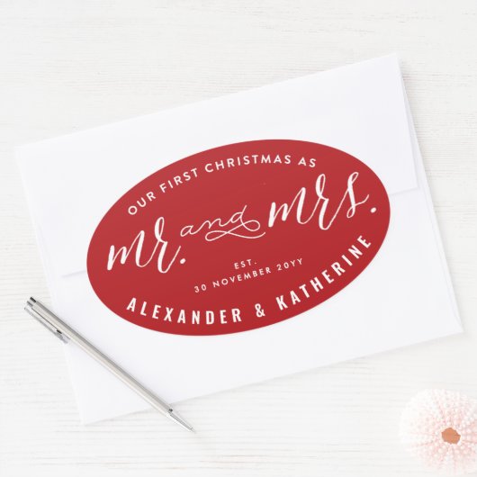 Onze eerste kerst als meneer en mevrouw Huwelijksa Ovale Sticker (Envelop)