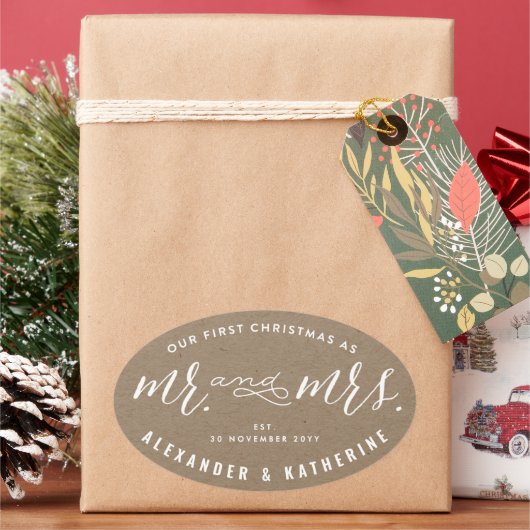 Onze Eerste Kerst Als Meneer En Mevrouw Kraft Trou Ovale Sticker (Feestdagen)