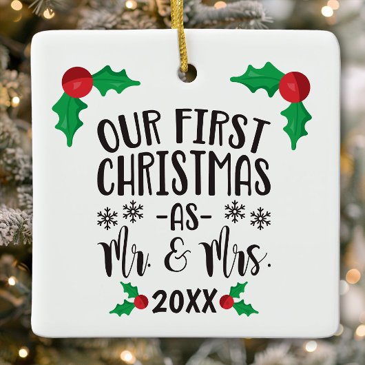 Onze eerste kerst als meneer en mevrouw pasgetrouw keramisch ornament