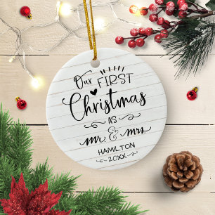 Onze eerste kerst als meneer en mevrouw rustieke b keramisch ornament