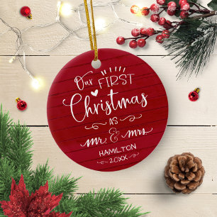 Onze eerste kerst als meneer en mevrouw rustieke b keramisch ornament