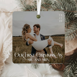Onze eerste kerst als meneer en mevrouw Typografie Metalen Ornament