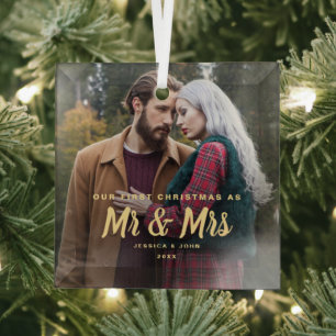 Onze eerste kerst als meneer & mevrouw 1 foto glas ornament