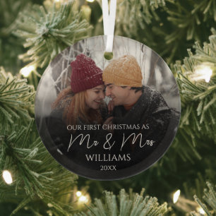 Onze Eerste Kerst Als Meneer & Mevrouw Elegante Fo Glas Ornament