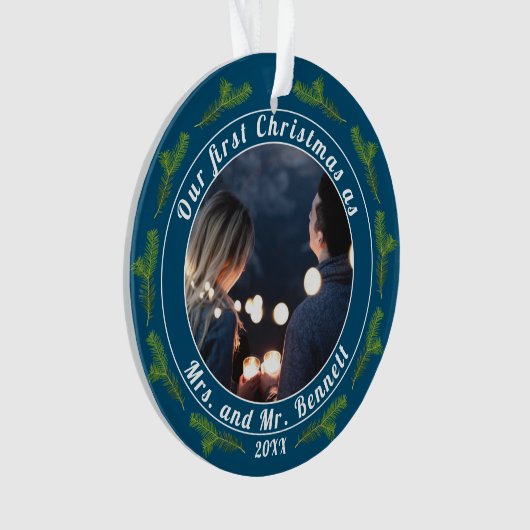 Onze eerste kerst als mevrouw. & Mr Script-foto Ornament (voorkant)