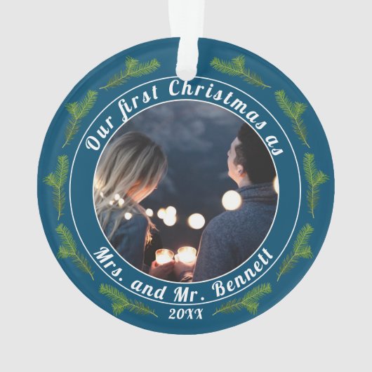 Onze eerste kerst als mevrouw. & Mr Script-foto Ornament (achterkant)