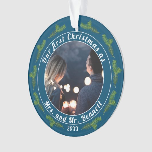 Onze eerste kerst als mevrouw. & Mr Script-foto Ornament (voorkant)