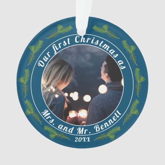 Onze eerste kerst als mevrouw. & Mr Script-foto Ornament (voorkant)