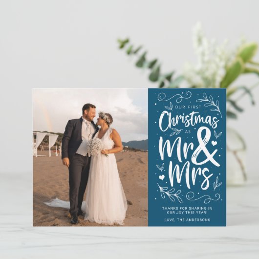 Onze eerste kerst als Mr. en mevrouw Feestdagenkaart (Staand voorkant)