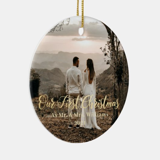 Onze eerste kerst als Mr. en Mrs. Foto Ornament (Rechts)
