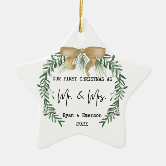 Onze eerste kerst als Mr en Mrs Holiday krans Keramisch Ornament (Voorkant)