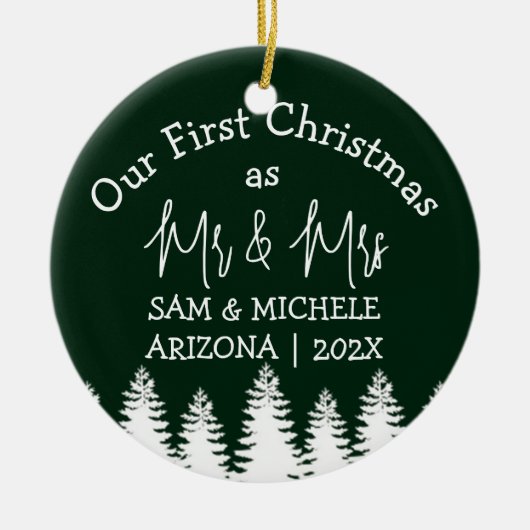 Onze eerste kerst als Mr en Mrs pasgetrouwd hout Keramisch Ornament (Voorkant)