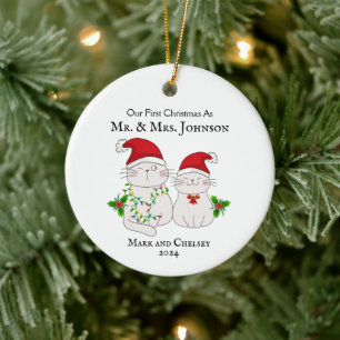 Onze eerste kerst als Mr en Mrs Schattige Cats Keramisch Ornament
