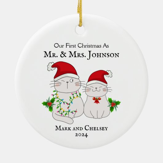 Onze eerste kerst als Mr en Mrs Schattige Cats Keramisch Ornament (Achterkant)