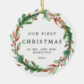 Onze eerste kerst als Mr en Mrs Wreath Keramisch Ornament (Voorkant)