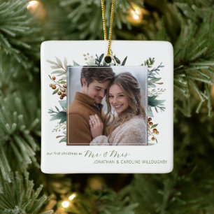 Onze eerste kerst als Mr & Mrs Botanical Keramisch Ornament