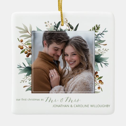 Onze eerste kerst als Mr & Mrs Botanical Keramisch Ornament (Voorkant)