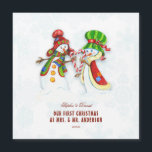 Onze eerste kerst als Mr. & Mrs Cute Snowman<br><div class="desc">Cute and Romantic design met ONZE EERSTE CHRISTMAS-typografie,  schattige waterverf Snowmans (He & she) op een witte achtergrond met blauwe sneeuwvlokken. Het gebruik personaliseert hulpmiddel om uw info toe te voegen. Ga naar mijn droomkerstCollectie voor meer overeenkomende objecten.</div>