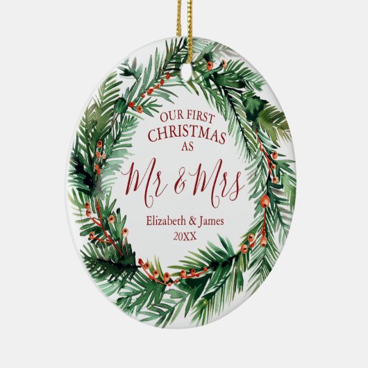 Onze eerste kerst als Mr & Mrs Greenery krans Keramisch Ornament (Rechts)