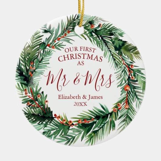 Onze eerste kerst als Mr & Mrs Greenery krans Keramisch Ornament (Voorkant)