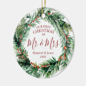 Onze eerste kerst als Mr & Mrs Greenery krans Keramisch Ornament (Links)