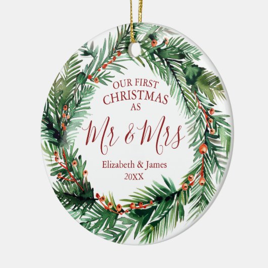 Onze eerste kerst als Mr & Mrs Greenery krans Keramisch Ornament (Links)