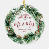 Onze eerste kerst als Mr & Mrs Greenery krans Keramisch Ornament (Achterkant)