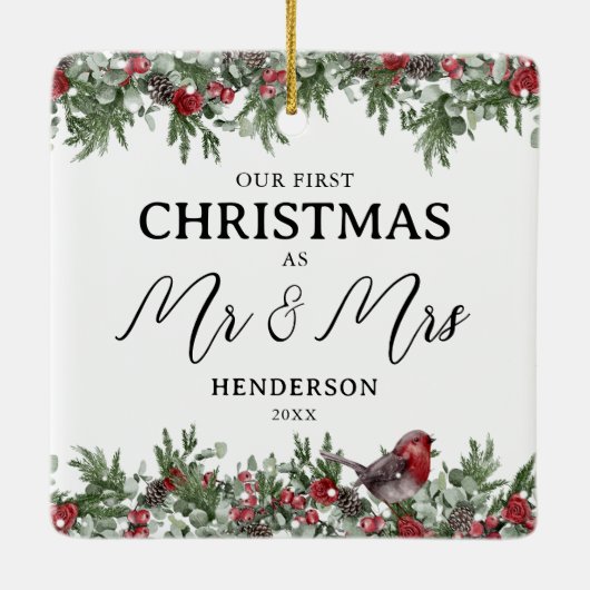 Onze eerste kerst als Mr & Mrs Keepsake Keramisch Ornament (Achterkant)