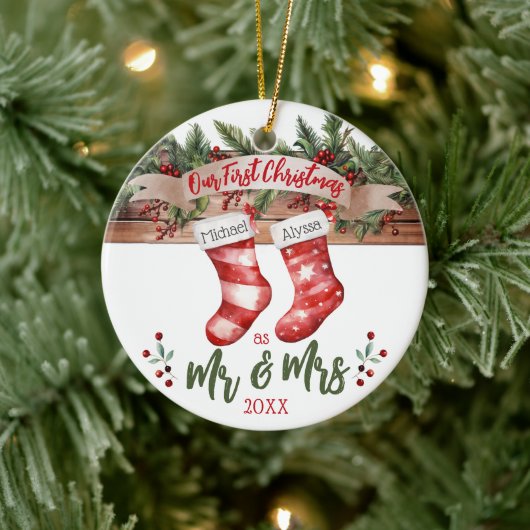 Onze eerste kerst als Mr & Mrs Married Stockings Keramisch Ornament (Boom)