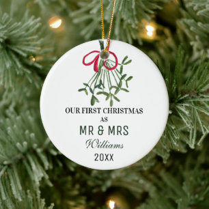 Onze eerste kerst als MR & MRS Mistletoe Rustic Keramisch Ornament