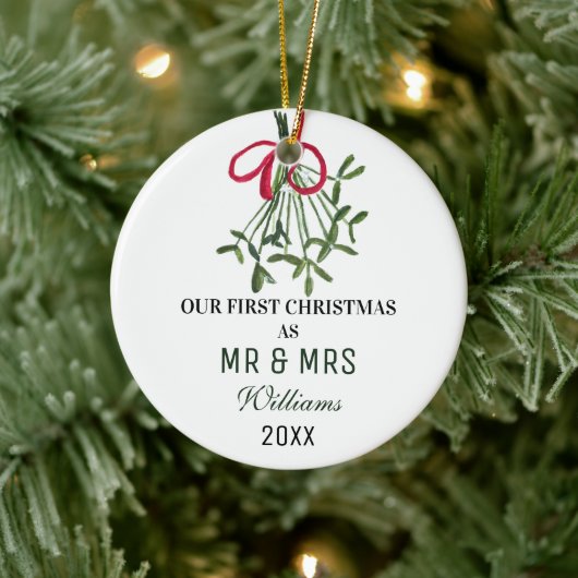 Onze eerste kerst als MR & MRS Mistletoe Rustic Keramisch Ornament (Boom)