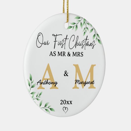 Onze eerste kerst als Mr & Mrs | Monogram & Foto Keramisch Ornament (Rechts)
