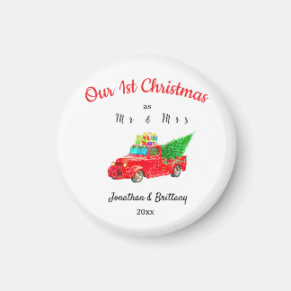 Onze eerste kerst als Mr & Mrs  Red Truck Magneet