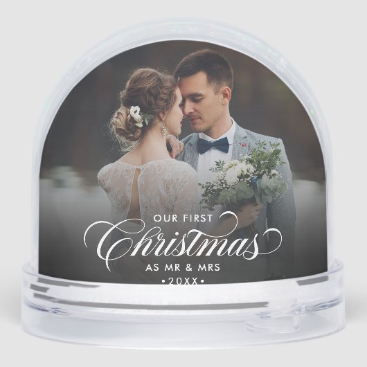 Onze eerste kerst als Mr & Mrs Script 2 Foto Sneeuwbol (Achterkant)