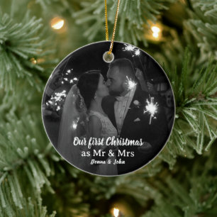 Onze eerste kerst als Mr & Mrs Script Foto Keramisch Ornament
