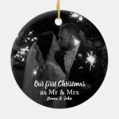Onze eerste kerst als Mr & Mrs Script Foto Keramisch Ornament (Achterkant)