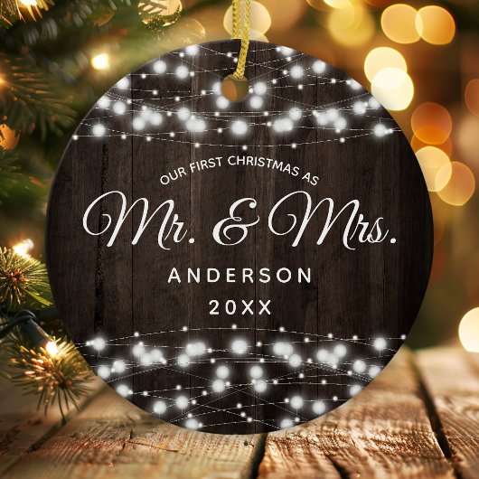 Onze eerste kerst als Mr. & Mrs String Lights Keramisch Ornament