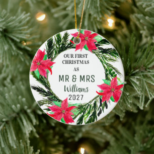 Onze eerste kerst als MR & MRS Wreath Poinsettia Keramisch Ornament