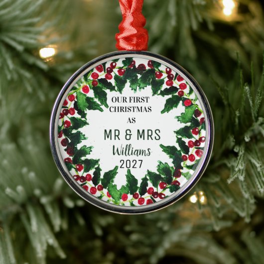 Onze eerste kerst als MR & MRS Wreath Rustic Metalen Ornament (Boom)